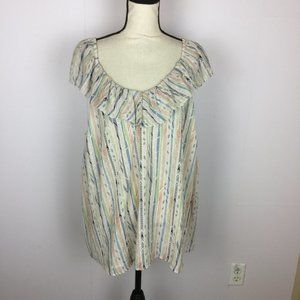 Skie Are Blue Tank Top Blouse 2X Womans Plus Ivory Boho Sleeveless V-Neck Ruffle